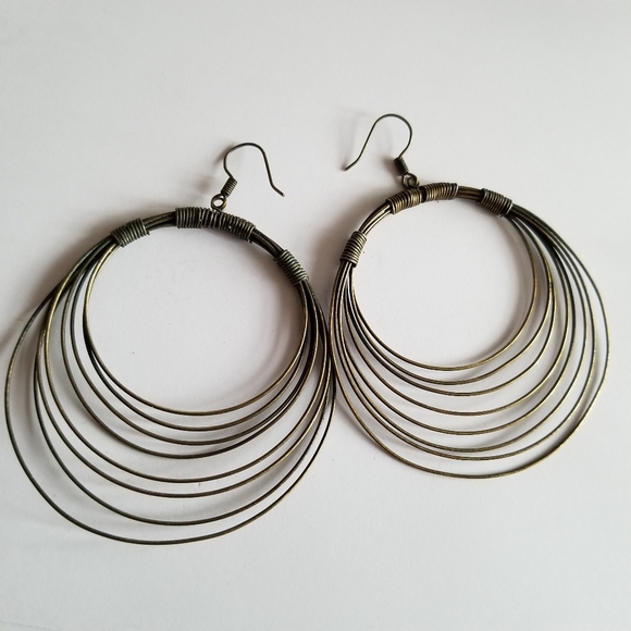 Earrings Big boho hoop earrings dangly concentric circles dark gold tone metal - Picture 2 of 7